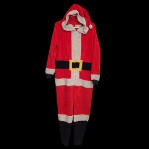 Santa Claus Fleece One piece Pajamas costume Hood & Pom Pom S Christmas